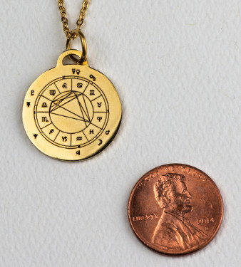 StarCharm gold-colored pendant shown next to a penny for size comparison